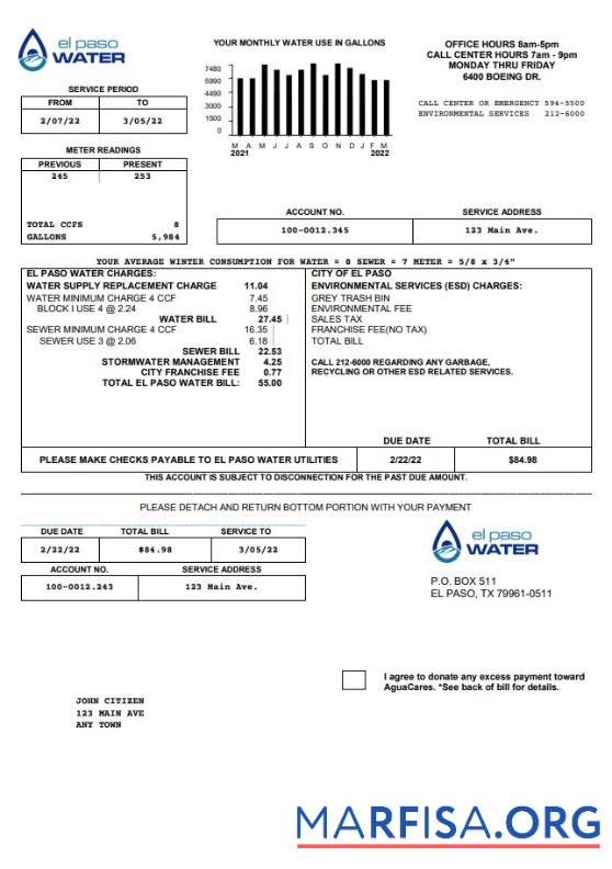 Downloadable USA Texas El Paso Water utility bill template in Word and PDF format
